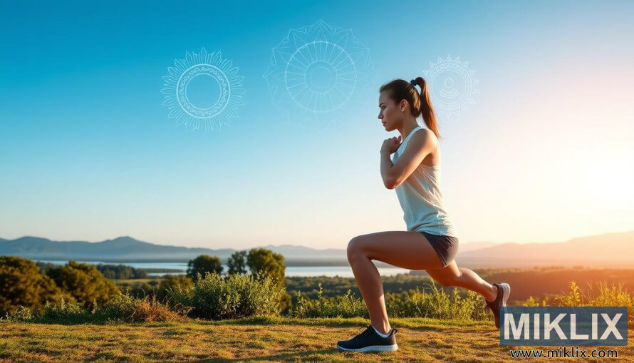 Person doing squats in a peaceful landscape with greenery, water, and mindfulness symbols.