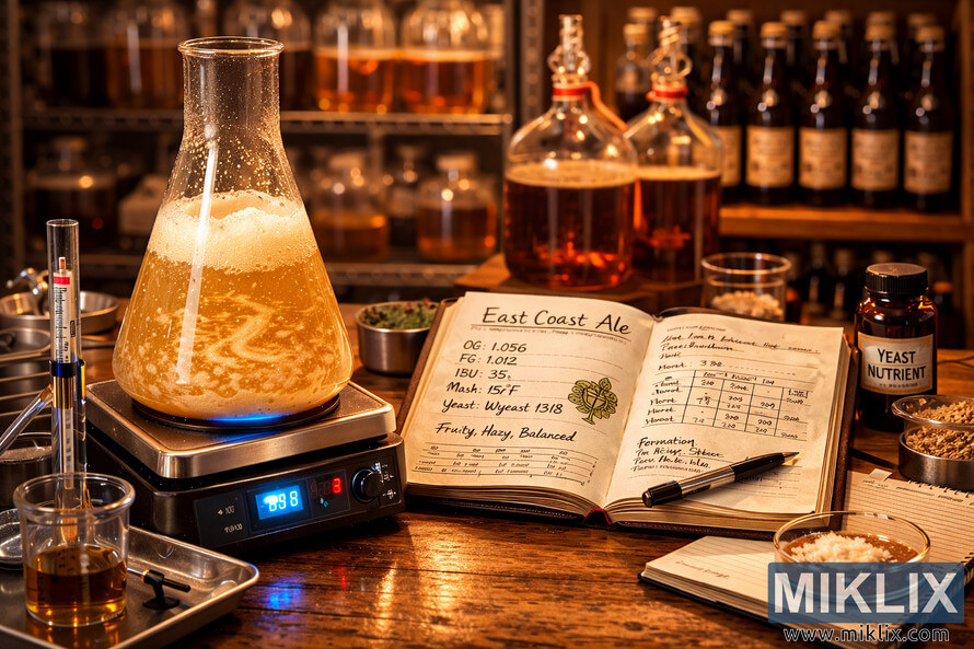Erlenmeyer flask with bubbling yeast starter on a stir plate beside an open East Coast Ale brewing journal in a warmly lit homebrew lab.