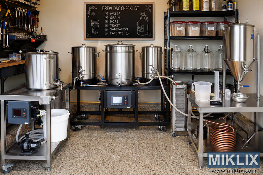 Wide landscape photograph of a fully equipped homebrewing workspace featuring multiple stainless steel brewing vessels, a fermentation tank, shelves of brewing ingredients, glass carboys, a wort chiller, pumps, hoses, measuring equipment, and a chalkboard brew day checklist mounted on the wall above the brewing system. Wide landscape photograph of a fully equipped homebrewing workspace featuring multiple stainless steel brewing vessels, a fermentation tank, shelves of brewing ingredients, glass carboys, a wort chiller, pumps, hoses, measuring equipment, and a chalkboard brew day checklist mounted on the wall above the brewing system.