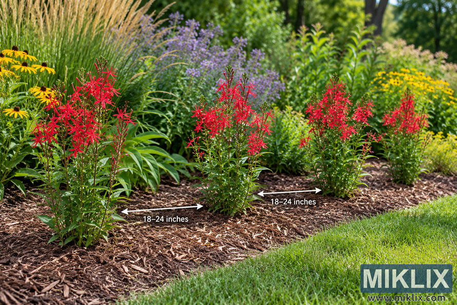 Red-flowering plants spaced 18â24 inches apart in a mulched native garden border with yellow and purple flowers.