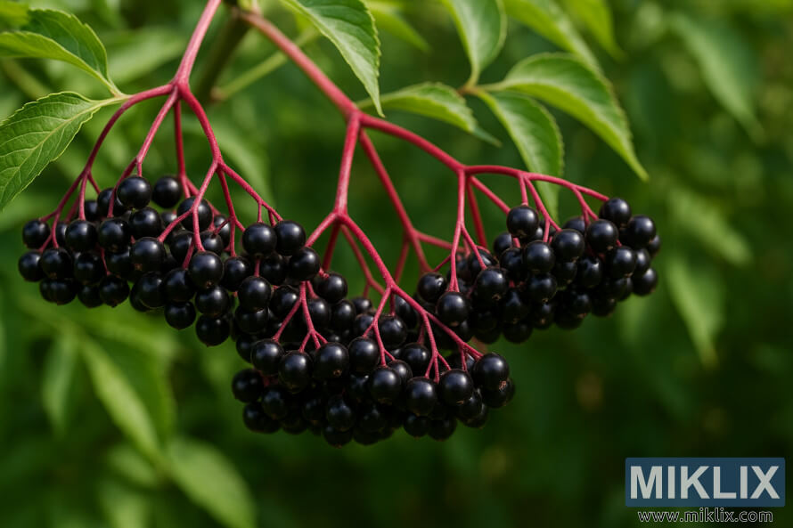 Deukeut tina klaster elderberry asak kalayan buah wungu-hideung poÃ©k sareng batang beureum ngalawan dedaunan hÃ©jo, nunjukkeun indikator kematangan anu pas.