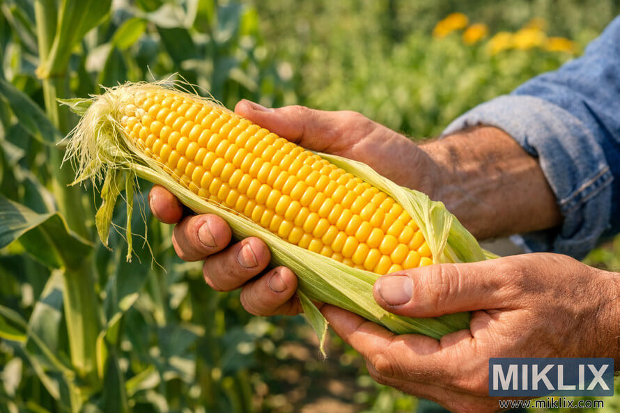 Gardenerâs hands holding a freshly harvested ear of bright yellow supersweet corn in a sunny garden.