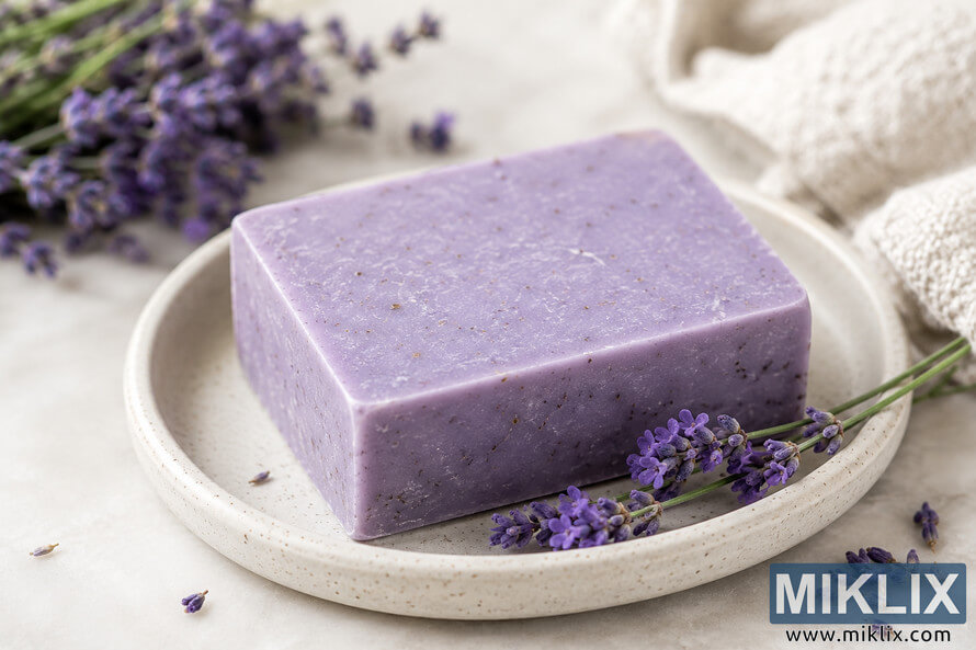 Close-up landscape image of a natural lavender soap bar resting on a ceramic dish with fresh lavender sprigs and soft neutral spa linens in the background.