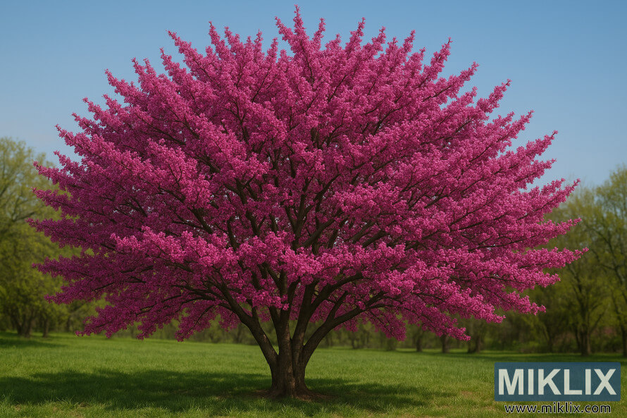 Un vibrant Redbud de lâOklahoma avec de profondes fleurs de rose magenta se dressant dans une prairie verte sous un ciel bleu clair.