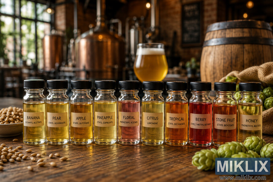 Close-up of colorful glass vials containing fermented beer ester samples arranged on a wooden table inside a warmly lit rustic brewery, surrounded by hops, grains, brewing barrels, and softly blurred copper brewing equipment in the background. Close-up of colorful glass vials containing fermented beer ester samples arranged on a wooden table inside a warmly lit rustic brewery, surrounded by hops, grains, brewing barrels, and softly blurred copper brewing equipment in the background.