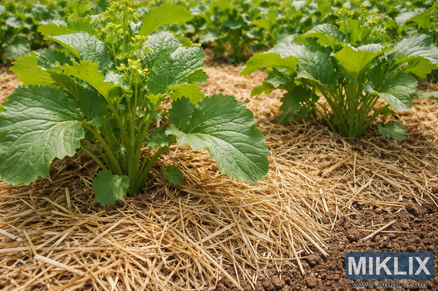 Healthy green mustard plants growing in a vegetable garden with golden straw mulch spread thickly around their base to conserve soil moisture.