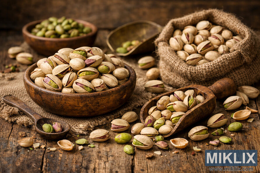 A rustic still life photograph showing raw unsalted pistachios on an aged wooden table with burlap cloth and wooden bowls. A rustic still life photograph showing raw unsalted pistachios on an aged wooden table with burlap cloth and wooden bowls.