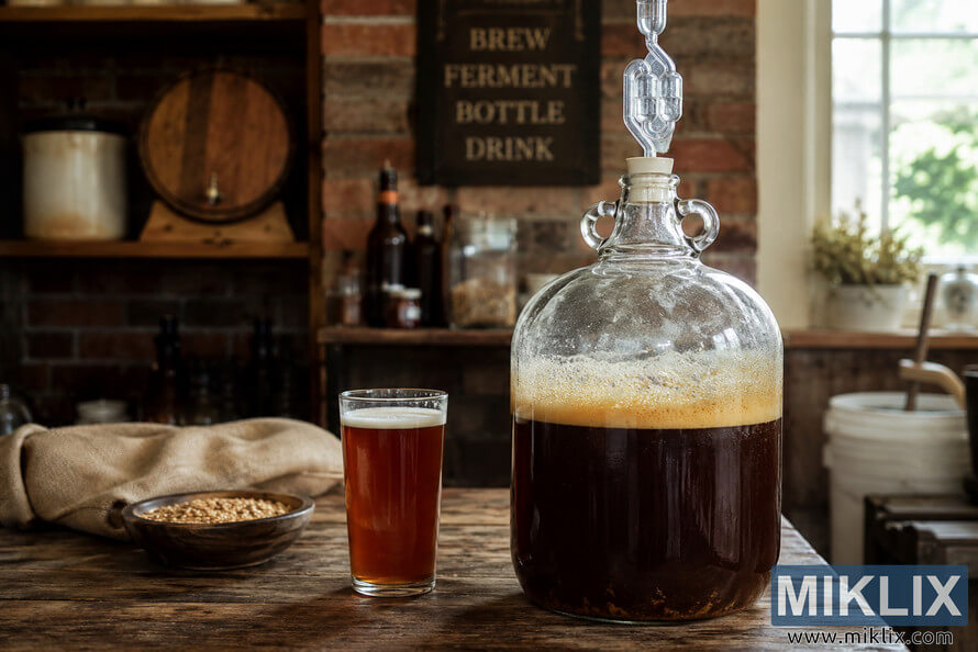 Glass carboy filled with fermenting English ESB ale on a rustic wooden table in a traditional English homebrewing setting with warm natural light, brewing grains, and vintage brewing décor. Glass carboy filled with fermenting English ESB ale on a rustic wooden table in a traditional English homebrewing setting with warm natural light, brewing grains, and vintage brewing décor.