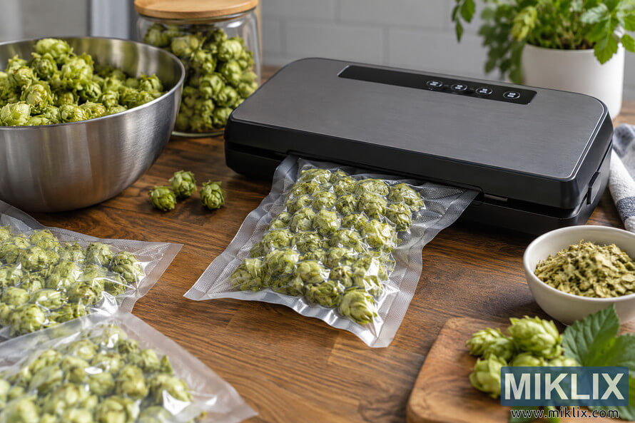 A vacuum sealer with transparent bags of green hop cones being sealed for storage on a wooden kitchen countertop, with loose hops, a metal bowl, glass jar, and cutting board nearby. A vacuum sealer with transparent bags of green hop cones being sealed for storage on a wooden kitchen countertop, with loose hops, a metal bowl, glass jar, and cutting board nearby.