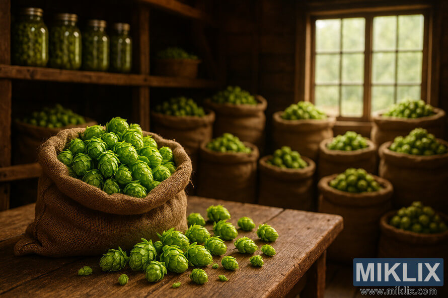 Rustic hop storage room with burlap sacks of vibrant green Aurora hops and warm natural lighting Rustic hop storage room with burlap sacks of vibrant green Aurora hops and warm natural lighting