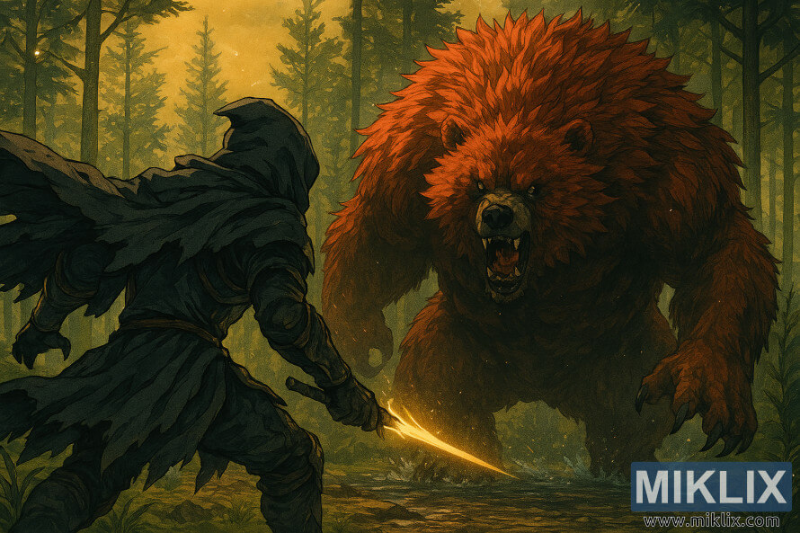 Anime-stil fan art som visar Tarnished bakifrÃ¥n ansikte mot Ralva den stora rÃ¶da bjÃ¶rnen