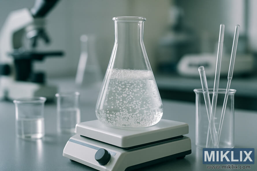 Prozirna Erlenmeierova boca ispunjena teÄnoÅ¡Äu koja se peni na ploÄi za meÅ¡anje, sa pipetama i ÄaÅ¡ama u blizini u blago osvetljenoj laboratoriji.