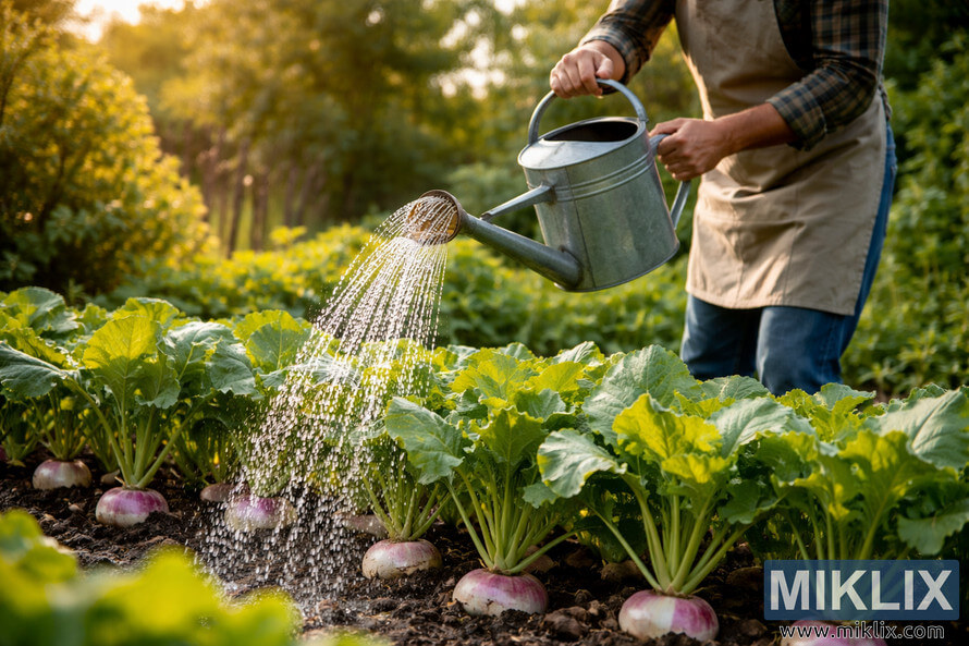 A gardener in a plaid shirt and apron waters rows of growing turnip plants with a metal watering can in a lush garden during warm afternoon sunlight.