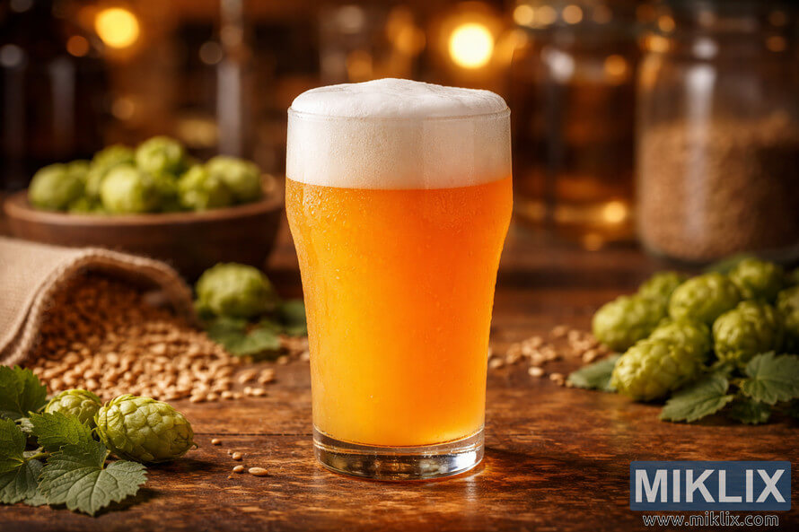 A golden-orange hazy IPA with a thick white frothy head sits on a wooden bar, surrounded by blurred hops and grains in warm brewery lighting.