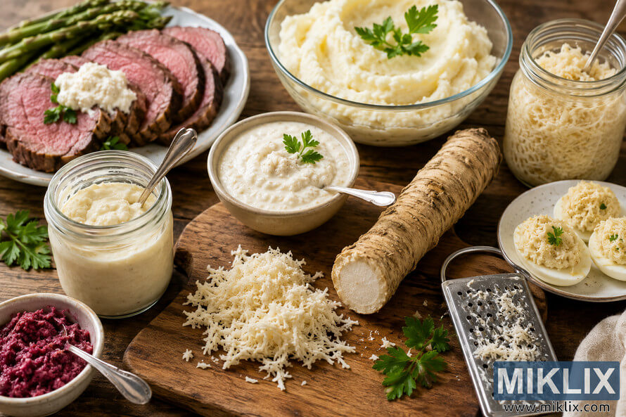 A rustic wooden dining table filled with various horseradish preparations, including freshly grated horseradish root, creamy sauces, roast beef with horseradish topping, mashed potatoes, deviled eggs, and glass jars of condiments in warm natural light.