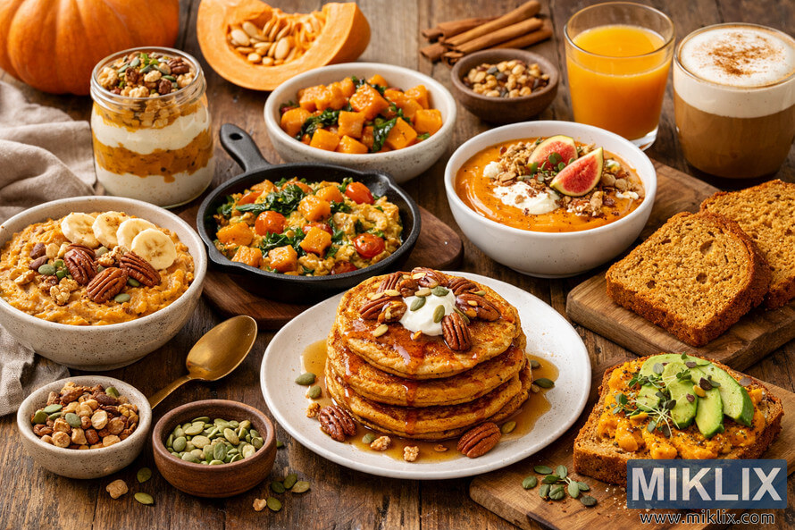 A high-resolution landscape photo of a healthy pumpkin breakfast spread featuring various pumpkin-based dishes on a rustic wooden table.