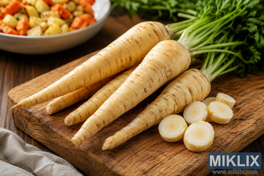 Fresh whole and sliced parsnips with leafy greens arranged on a rustic wooden cutting board beside a blurred bowl of roasted vegetables in warm natural light, representing healthy eating and wholesome home cooking. Fresh whole and sliced parsnips with leafy greens arranged on a rustic wooden cutting board beside a blurred bowl of roasted vegetables in warm natural light, representing healthy eating and wholesome home cooking.