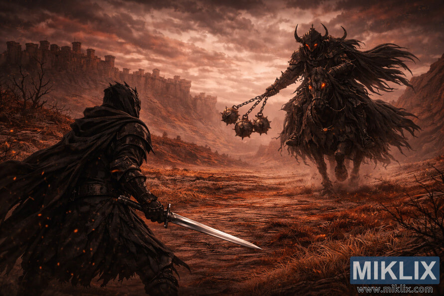 Dark fantasy scene of the Tarnished seen from behind holding a sword while the Nightâs Cavalry charges on a skeletal horse with a three-balled flail across the burning plains of Caelid.