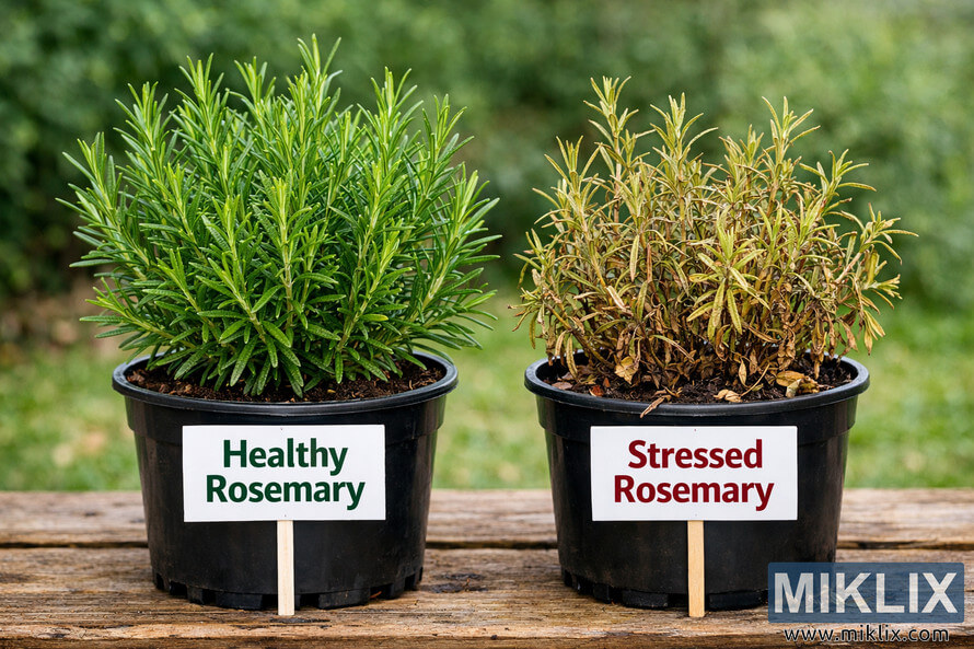 Side-by-side photo of a healthy green rosemary plant and a stressed, yellowing rosemary plant in black pots with labels