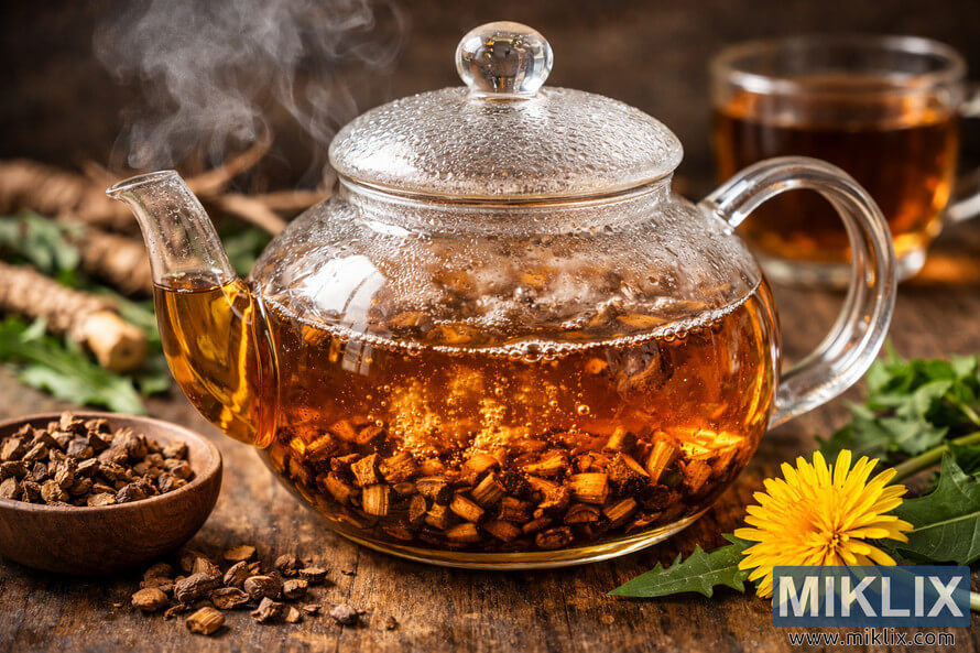 Glass teapot brewing dandelion root tea on a rustic wooden table with steam and warm light. Glass teapot brewing dandelion root tea on a rustic wooden table with steam and warm light.