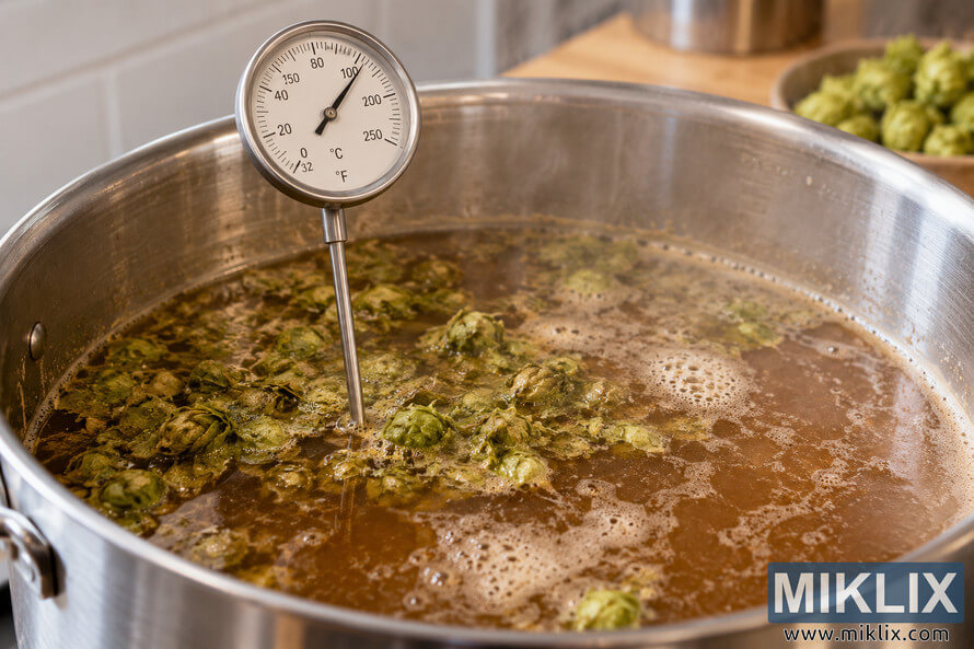 Analog thermometer with a stainless-steel probe measuring the temperature of amber wort filled with green hops in a large brewing kettle during a hop stand. Analog thermometer with a stainless-steel probe measuring the temperature of amber wort filled with green hops in a large brewing kettle during a hop stand.