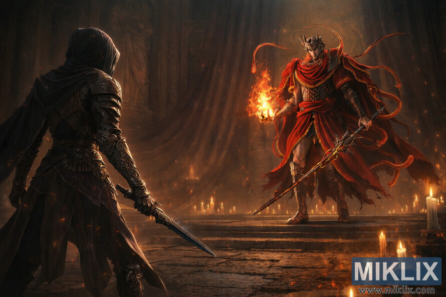 Anime-style fan art showing the Tarnished in Black Knife armor facing Messmer the Impaler holding a flame in his hand inside the candlelit Shadow Keep