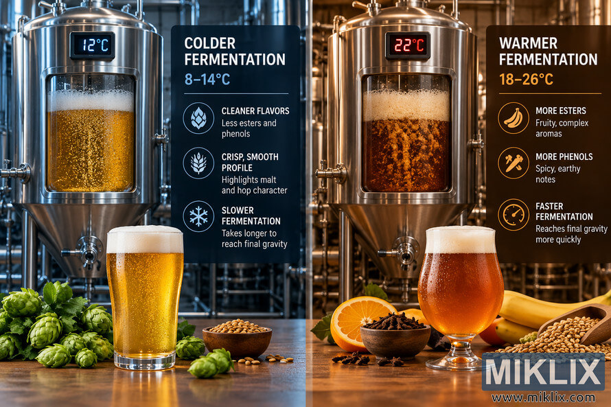 Side-by-side brewery infographic comparing cold fermentation at 8â14°C with warm fermentation at 18â26°C, showing differences in flavor and fermentation speed. Side-by-side brewery infographic comparing cold fermentation at 8â14°C with warm fermentation at 18â26°C, showing differences in flavor and fermentation speed.