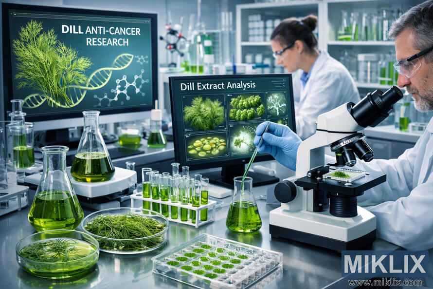 Landscape photo of a modern scientific laboratory where researchers in white lab coats and protective eyewear study anti-cancer compounds derived from dill. In the foreground, petri dishes with fresh dill sprigs and green dill extract sit beside a flask of green liquid and a compound microscope focused on a dill sample. At the center, a scientist uses a pipette to transfer green extract into a test tube, while another scientist analyzes data on a computer screen labeled "Dill Extract Analysis" showing molecular structures, cell cultures, and a DNA helix. The background features beakers of green solutions on a magnetic stirrer, a molecular model, a large display reading "DILL ANTI-CANCER RESEARCH," and various lab equipment, all illuminated by bright, clean lighting. Landscape photo of a modern scientific laboratory where researchers in white lab coats and protective eyewear study anti-cancer compounds derived from dill. In the foreground, petri dishes with fresh dill sprigs and green dill extract sit beside a flask of green liquid and a compound microscope focused on a dill sample. At the center, a scientist uses a pipette to transfer green extract into a test tube, while another scientist analyzes data on a computer screen labeled "Dill Extract Analysis" showing molecular structures, cell cultures, and a DNA helix. The background features beakers of green solutions on a magnetic stirrer, a molecular model, a large display reading "DILL ANTI-CANCER RESEARCH," and various lab equipment, all illuminated by bright, clean lighting.