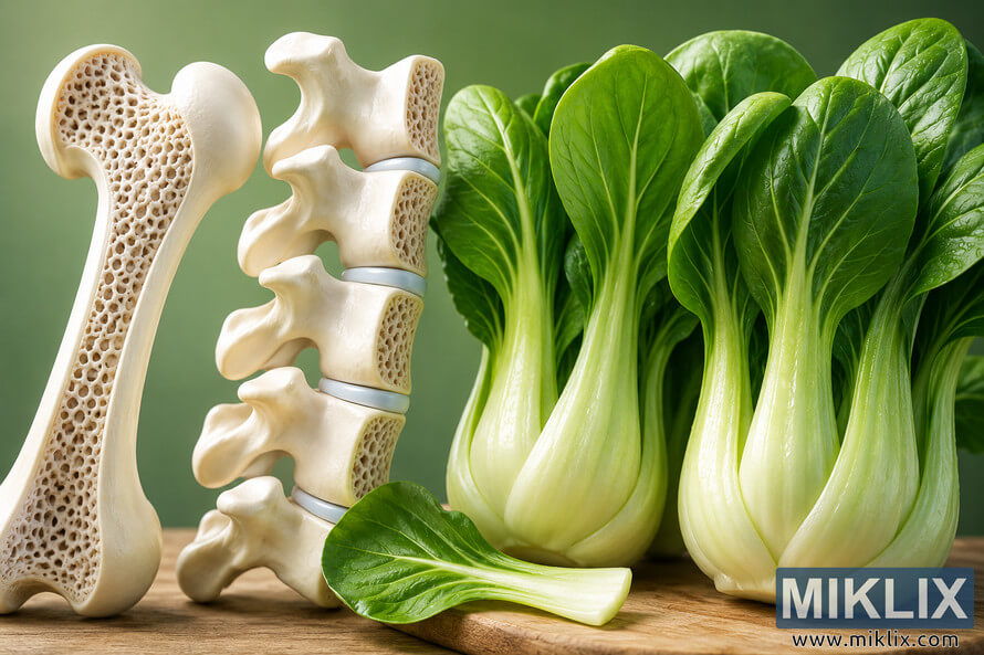 A high-resolution 3D illustration showing healthy human bones, including a femur cross-section and a spinal column, positioned beside fresh green bok choy on a wooden surface against a soft green background, symbolizing the relationship between nutrition and bone health. A high-resolution 3D illustration showing healthy human bones, including a femur cross-section and a spinal column, positioned beside fresh green bok choy on a wooden surface against a soft green background, symbolizing the relationship between nutrition and bone health.