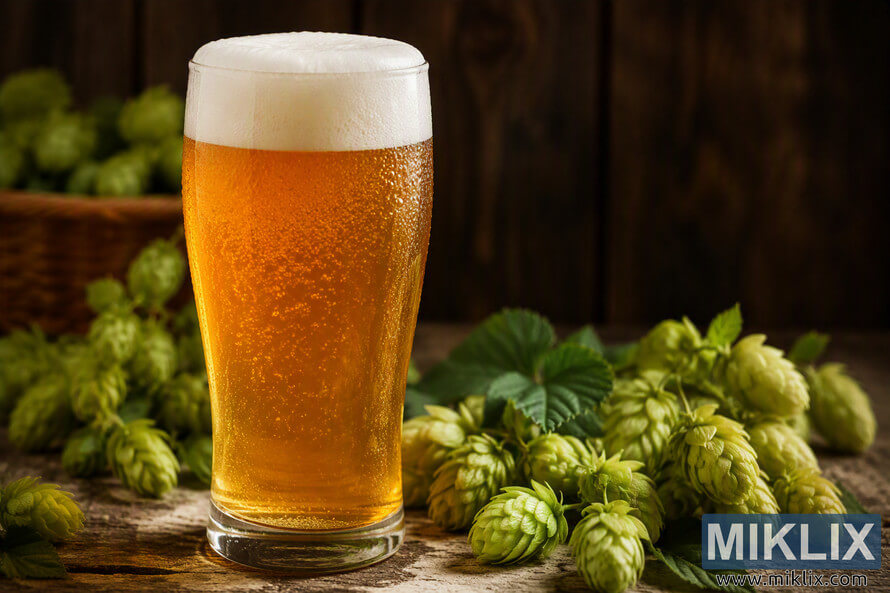 A clear glass of golden pale ale with a thick white foam head stands on a rustic wooden surface, surrounded by fresh green hop flowers and leaves. Warm lighting highlights the sparkling beer and detailed textures of the hops against a dark wooden background.