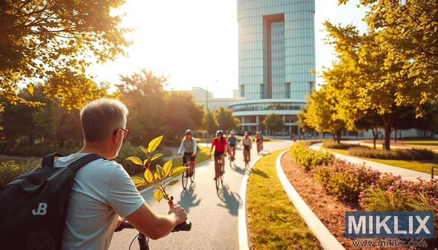 Cyclist holding a plant in a sunlit urban setting with greenery, bike lanes, and a medical facility.