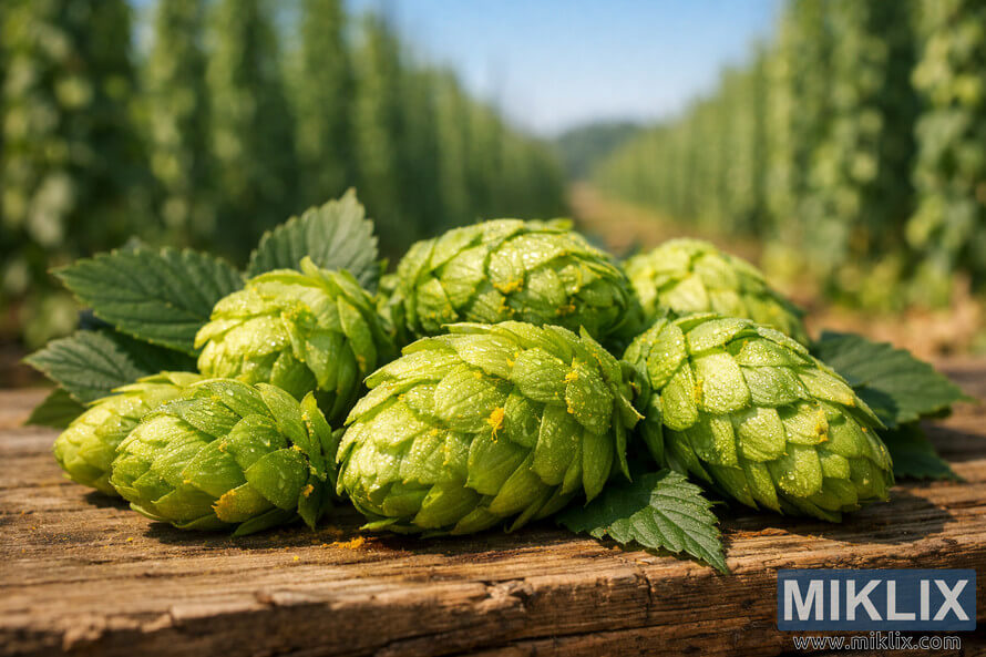 Close-up of fresh Polaris hop cones with yellow lupulin on rustic wood, blurred hop farm and blue sky in the background.