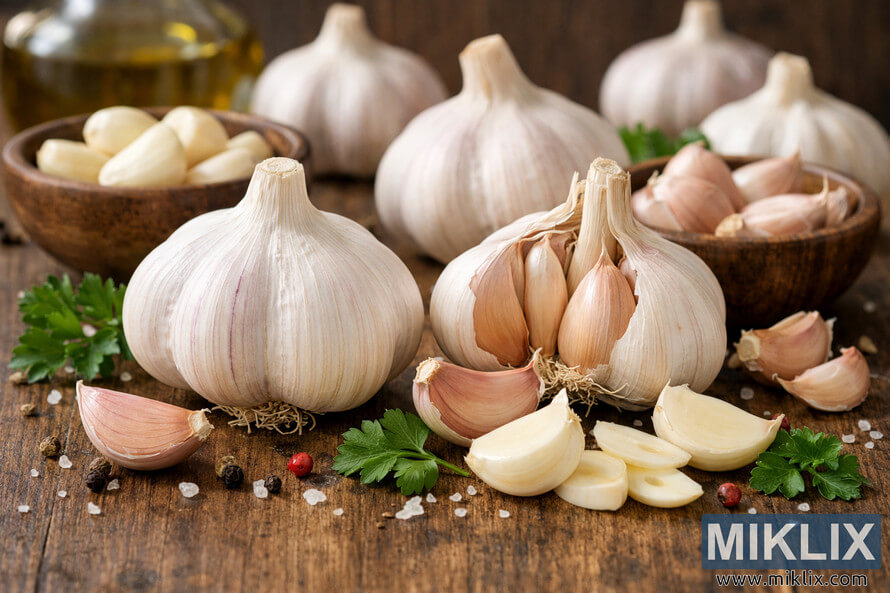 High-resolution landscape photo of fresh garlic bulbs and cloves arranged on a rustic wooden surface, with peeled and unpeeled cloves, small wooden bowls filled with garlic, scattered peppercorns, coarse sea salt crystals, bright green parsley sprigs, and a softly blurred bottle of golden olive oil in the background, all lit by soft natural light to emphasize texture, freshness, and the nutritional associations of garlic.