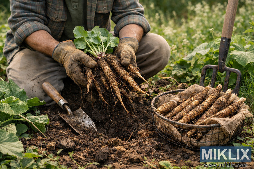 Person kneeling outdoors harvesting burdock roots from rich soil with a trowel and basket nearby. Person kneeling outdoors harvesting burdock roots from rich soil with a trowel and basket nearby.