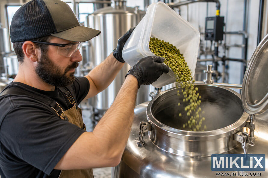 Brewer wearing safety glasses and black gloves pours green hop pellets from a translucent container into the open hatch of a stainless-steel brewing vessel during a dry hopping demonstration. Brewer wearing safety glasses and black gloves pours green hop pellets from a translucent container into the open hatch of a stainless-steel brewing vessel during a dry hopping demonstration.