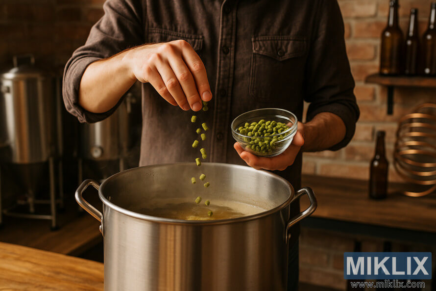En hjemmebrygger i et rustikt rum drysser grÃ¸nne Tahoma-humlepiller i en dampende brygkedel af rustfrit stÃ¥l.