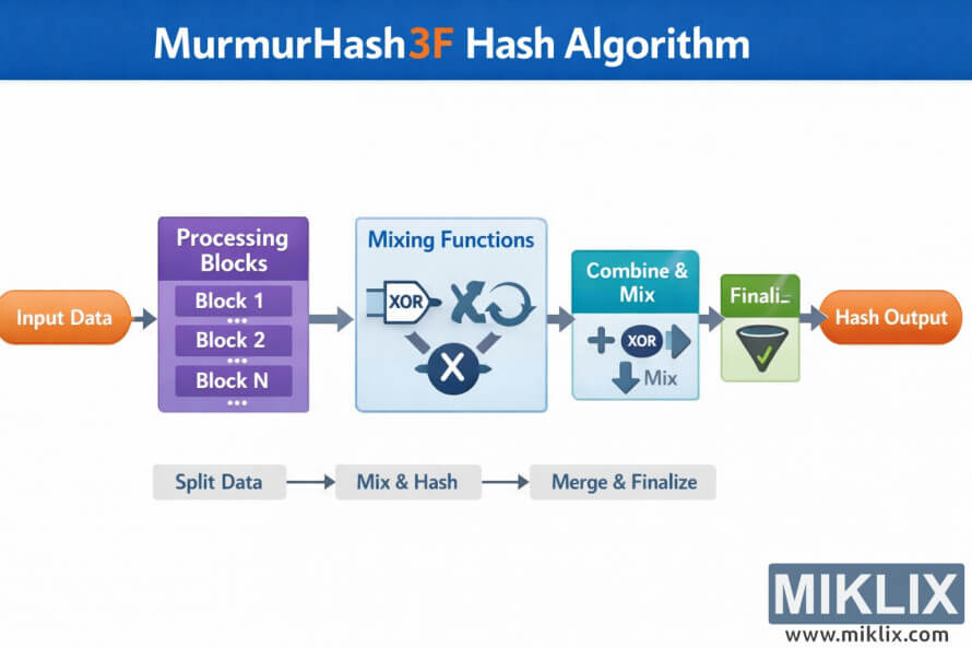 Инфографика, демонстрирующая общую схему работы алгоритма хеширования MurmurHash3F: от входных данных до обработки блоков, смешивания, объединения, финализации и вывода хеш-значения.