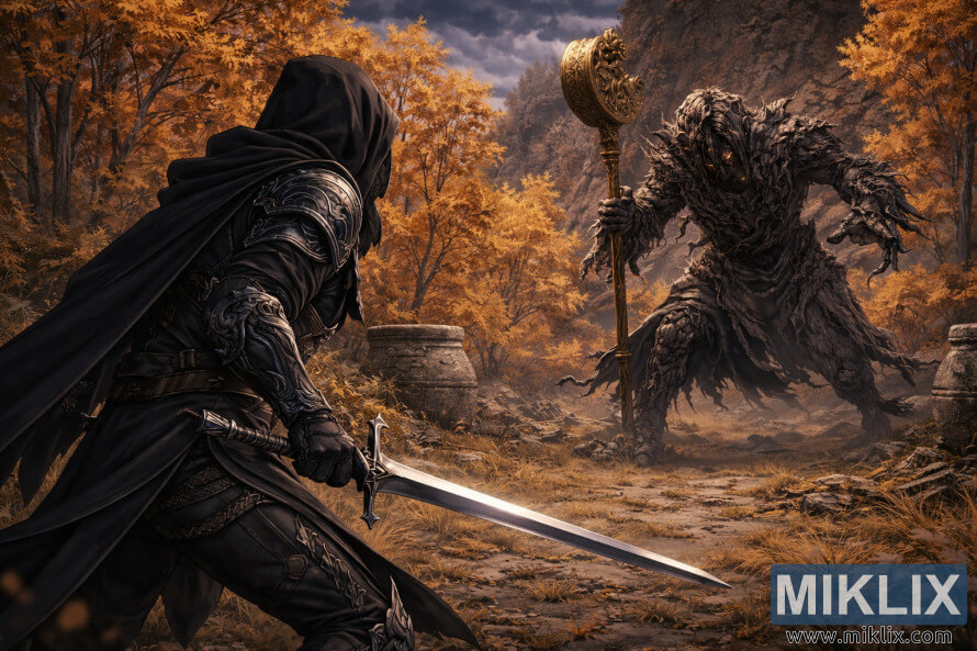 Anime-stiilis Elden Ringi fÃ¤nnikunst, millel on kujutatud vasakul pool asuvat Tarnishedit tagantpoolt mÃµÃµgaga silmitsi seismas Erdtree avatari ees Liurnias sÃ¼gisestes varemetes.