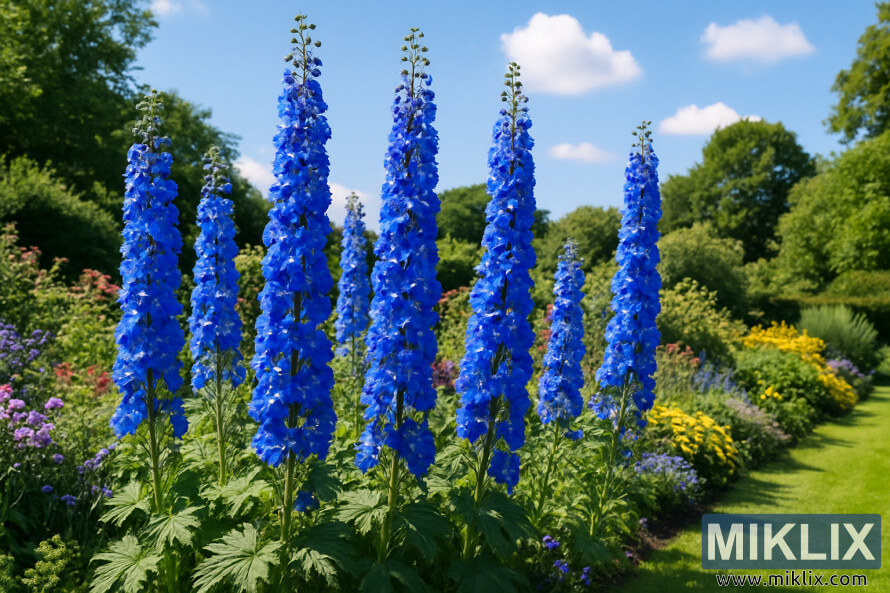 De hautes flÃ¨ches de delphinium bleu fleurissant dans un jardin dâÃ©tÃ© avec des fleurs colorÃ©es et un feuillage vert.