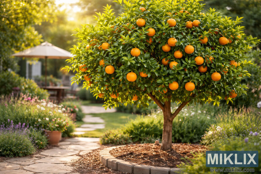 Healthy orange tree with ripe oranges growing in a landscaped home garden with a stone path and patio