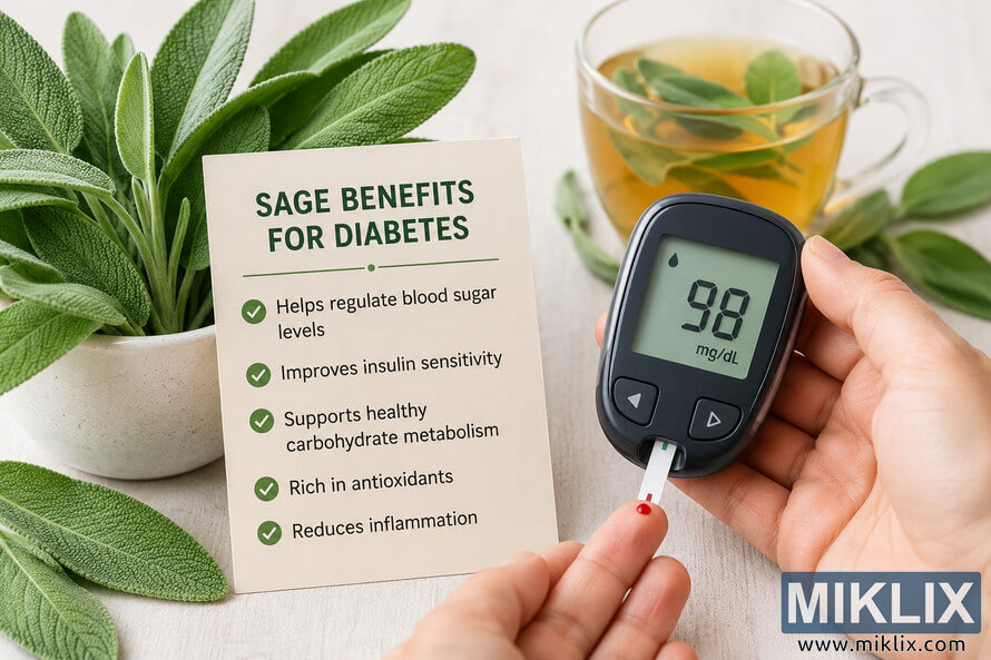 A close-up landscape image showing a person using a blood glucose monitor beside fresh sage leaves, herbal sage tea, and an informational card describing potential wellness benefits of sage for blood sugar support and diabetes management. A close-up landscape image showing a person using a blood glucose monitor beside fresh sage leaves, herbal sage tea, and an informational card describing potential wellness benefits of sage for blood sugar support and diabetes management.