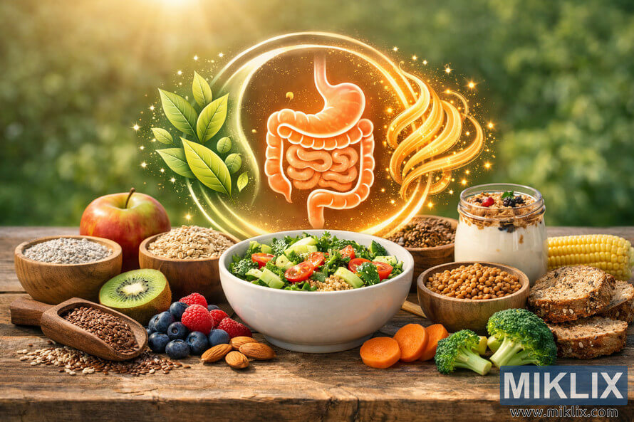 A bright outdoor photo showing a balanced digestive health theme with a glowing intestine illustration surrounded by a yin-yang symbol, fresh fruits, vegetables, grains, and legumes arranged on a rustic wooden table under warm sunlight.