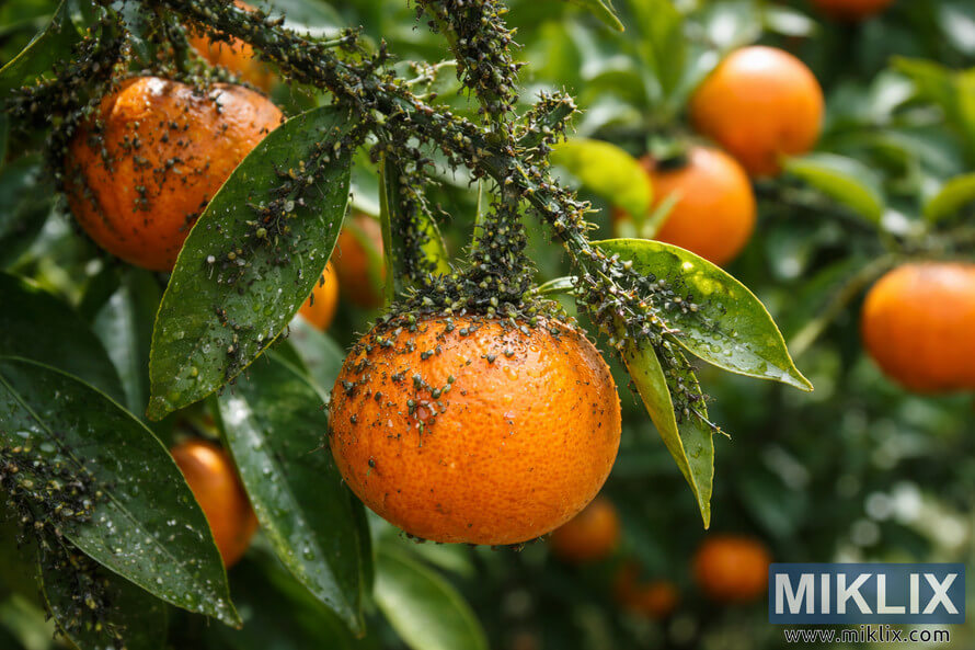 Close-up of a ripe tangerine on a tree heavily covered with aphids on the fruit, stems, and leaves.