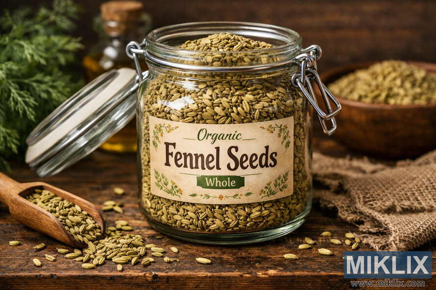 A clear glass jar labeled 'Organic Fennel Seeds Whole' sits on a rustic wooden surface, surrounded by scattered fennel seeds, a wooden scoop, and fresh fennel sprigs in warm natural light. A clear glass jar labeled 'Organic Fennel Seeds Whole' sits on a rustic wooden surface, surrounded by scattered fennel seeds, a wooden scoop, and fresh fennel sprigs in warm natural light.