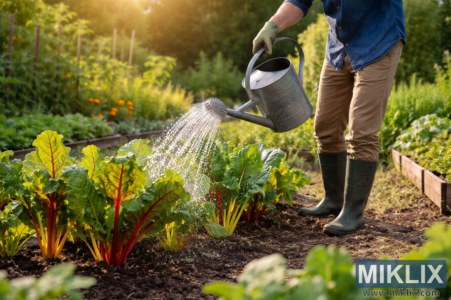 Gardener watering colorful Swiss chard plants with a metal watering can in a lush vegetable garden during warm evening sunlight.