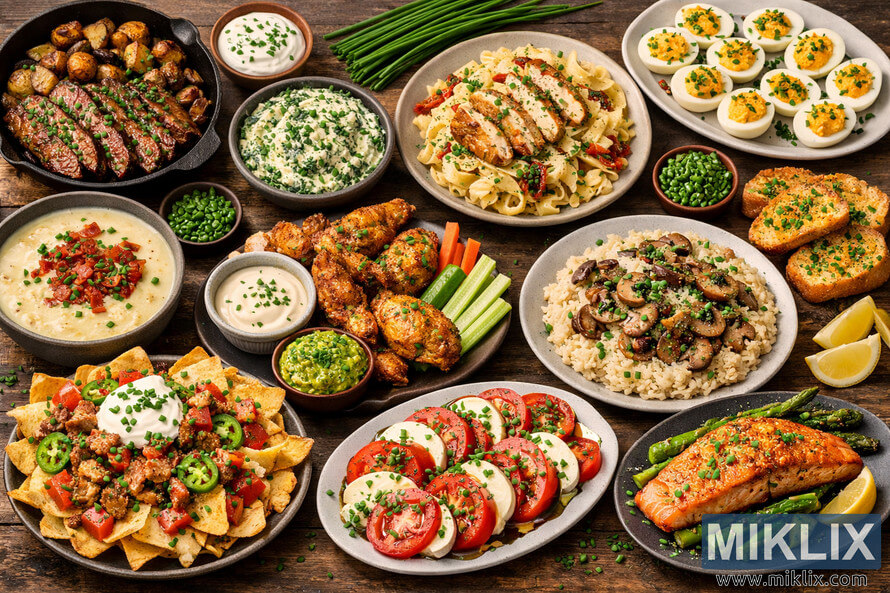 An overhead view of a rustic wooden table filled with various dishes garnished with freshly chopped chives, including steak, pasta, soup, nachos, salad, and salmon. An overhead view of a rustic wooden table filled with various dishes garnished with freshly chopped chives, including steak, pasta, soup, nachos, salad, and salmon.