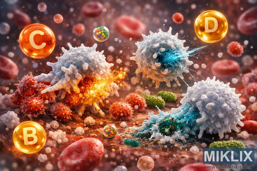 A detailed 3D-rendered microscopic scene showing white blood cells attacking bacteria with glowing vitamin molecules aiding the immune response.