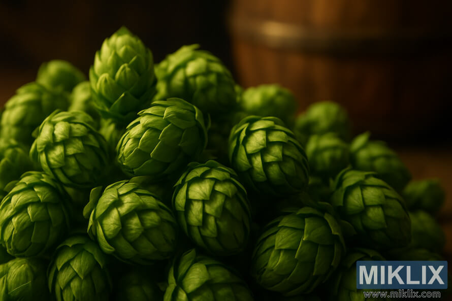 Close-up of green Caliente hop cones illuminated by warm golden light with a blurred wooden barrel in the background.