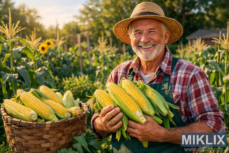 Smiling gardener holding freshly picked corn cobs beside a basket full of sweet corn in a sunny home garden.
