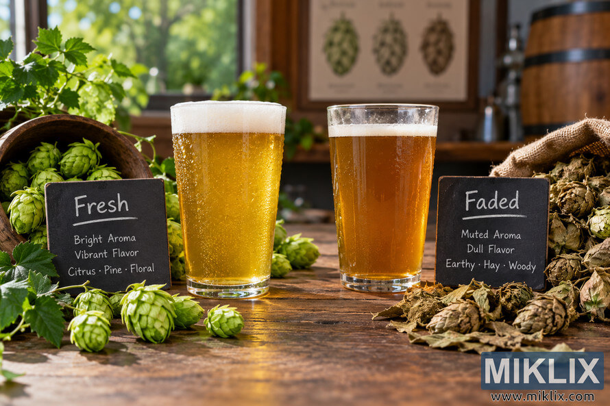 Side-by-side comparison of two unbranded beers in a rustic brewery setting: a bright golden beer surrounded by fresh green hops and labeled Fresh, beside a darker amber beer surrounded by dried brown hops and labeled Faded.
